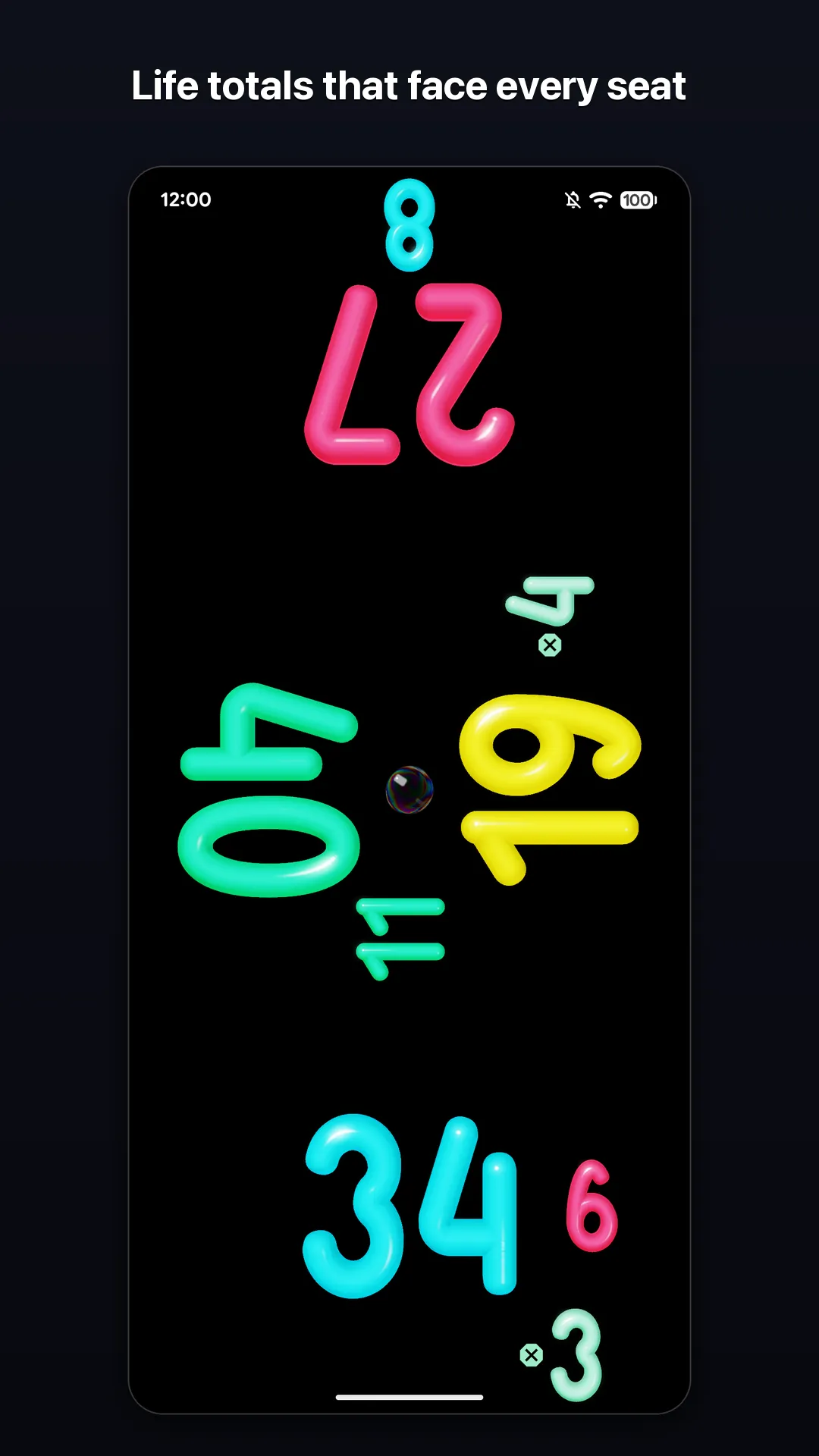 A four-player game, each life total facing its own edge of the screen