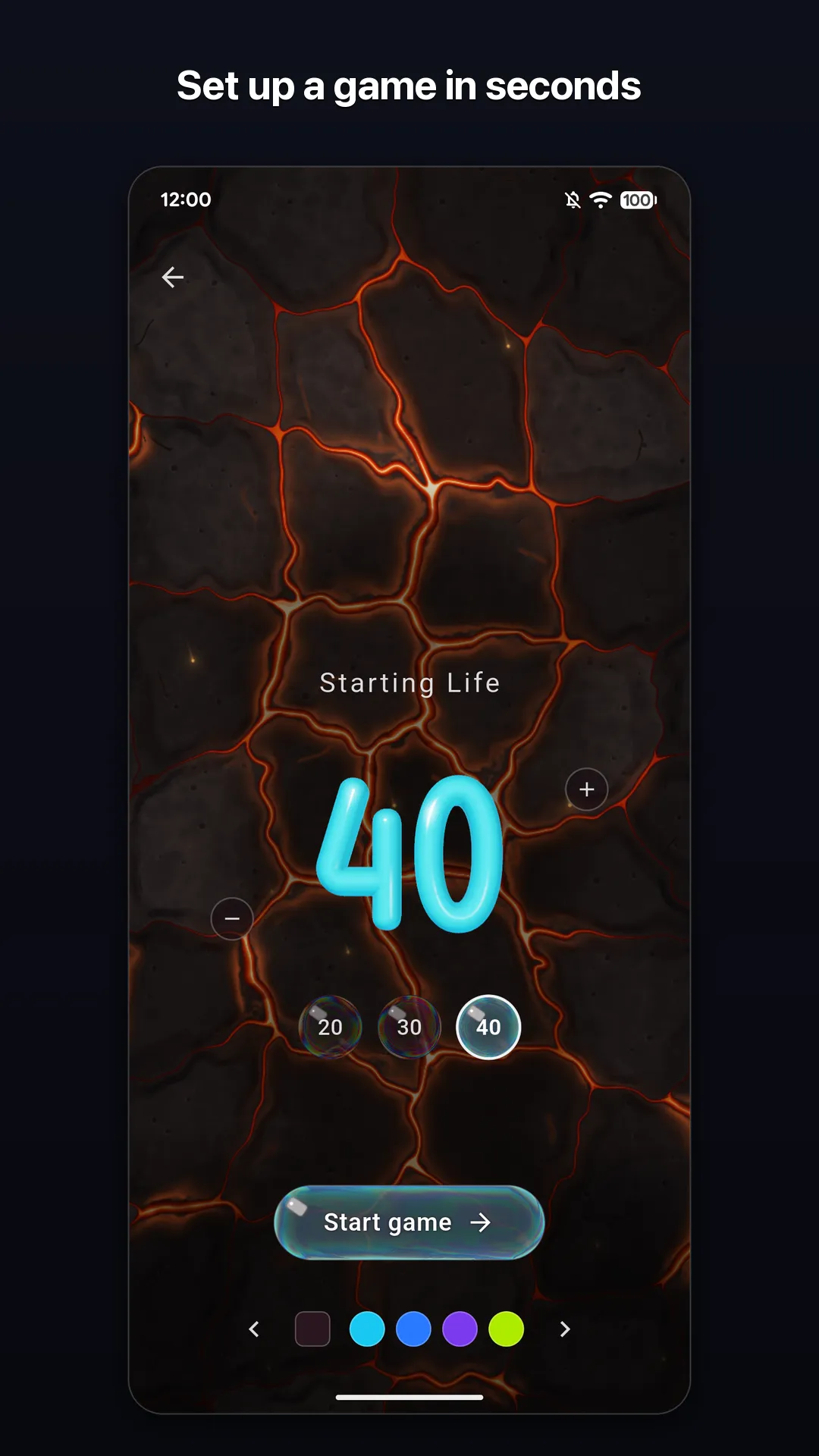 The start menu, choosing the number of players and the starting life